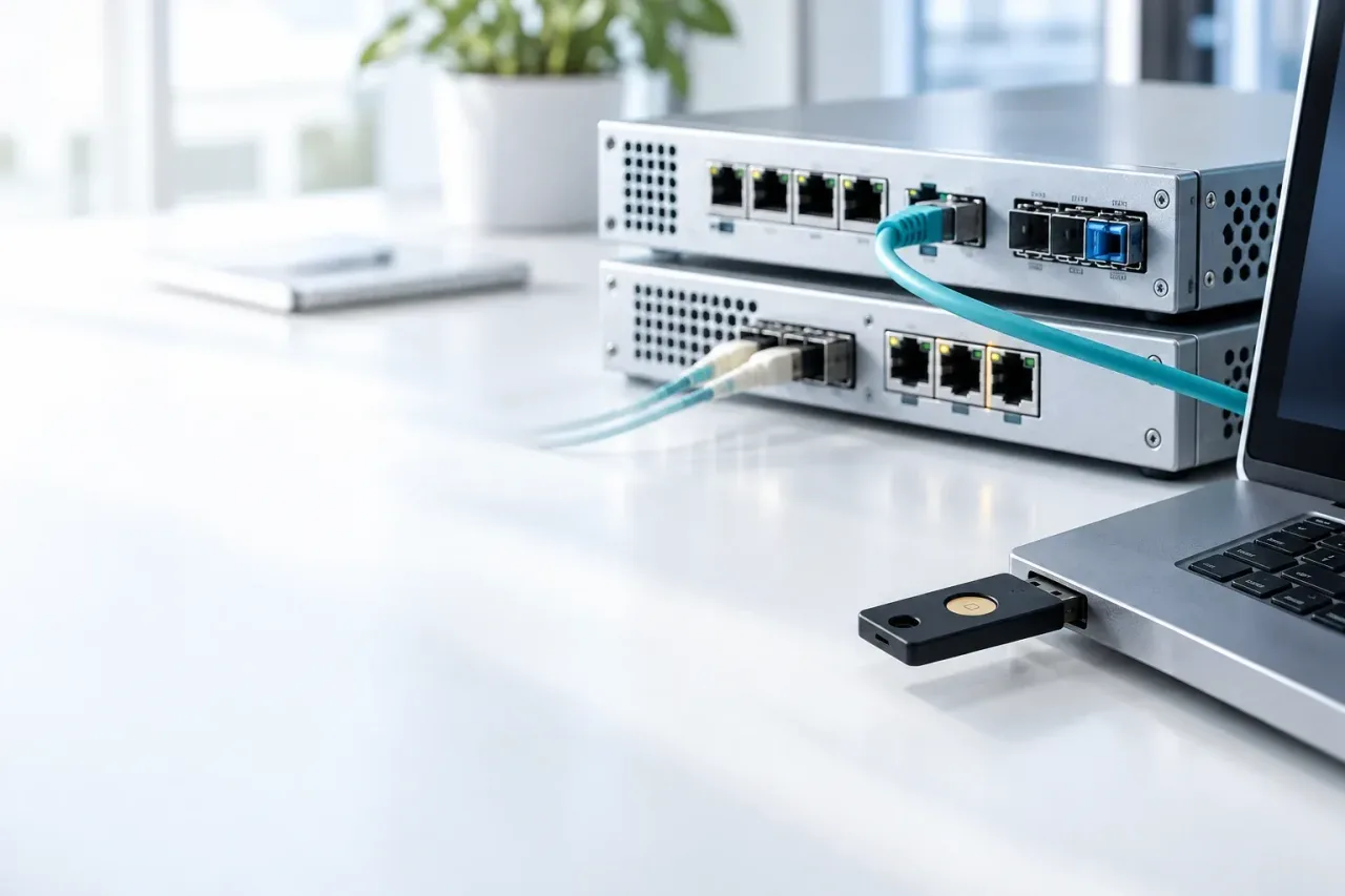 Illustrative security appliances and a physical authentication key on an engineering desk