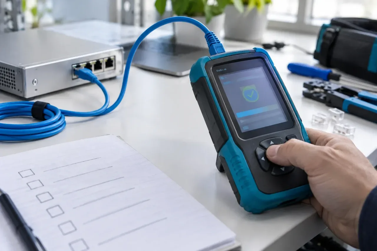 Illustrative cable certification and equipment acceptance testing at a bench