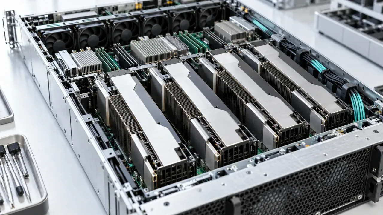 Illustrative open GPU server with host components on a bright engineering bench